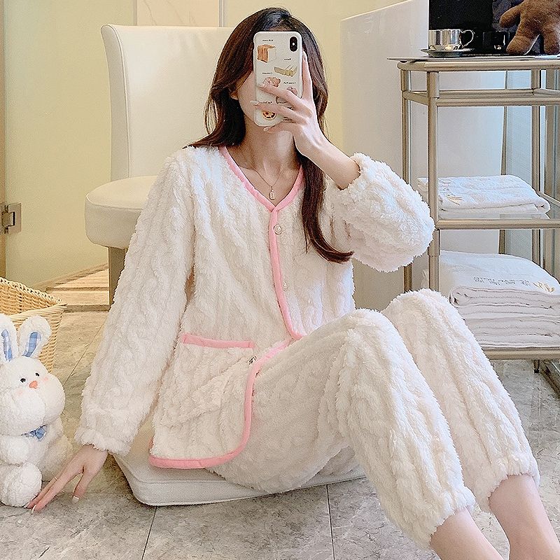Coral fleece pajamas women's autumn and winter long-sleeved 2022 new style plus velvet thick flannel advanced sense home service suit