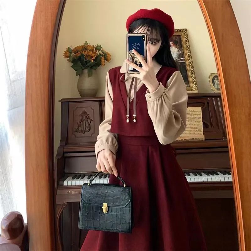 Spring, autumn and winter new fat sister college style shirt stitching fake two-piece long skirt Hepburn style retro dress student