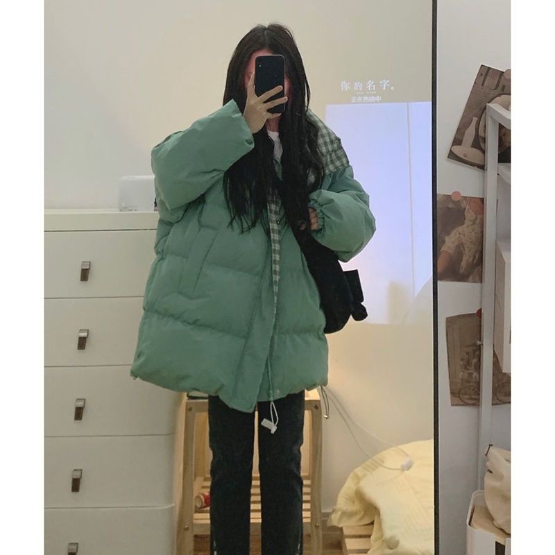 Korean version of contrasting plaid bread coat and cotton coat for women in winter new style student loose and versatile thickened stand collar cotton coat