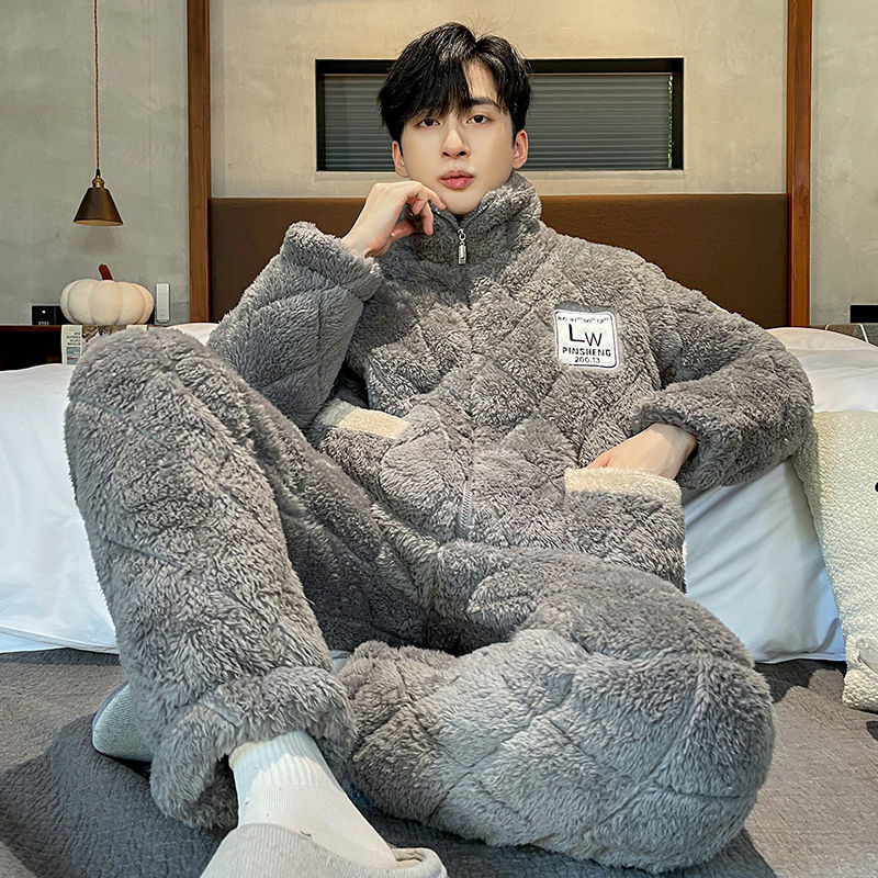 Men's winter three-layer thickened plus velvet coral fleece quilted pajamas plus size warm ultra-thick flannel home clothes