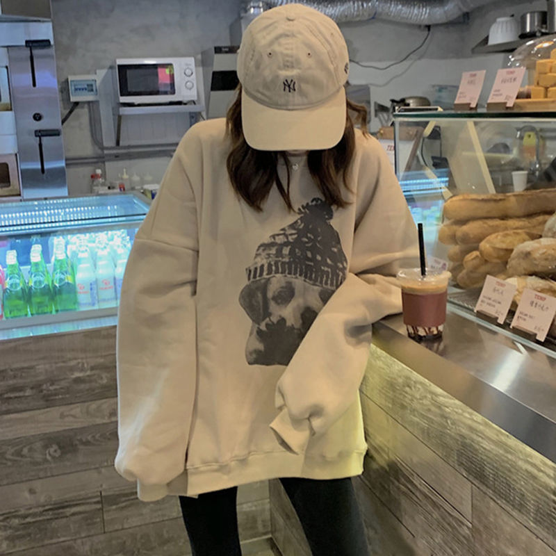 吉兔狗 杏色卫衣女春秋薄款新款潮ins慵懒风冬季宽松加绒加厚外套