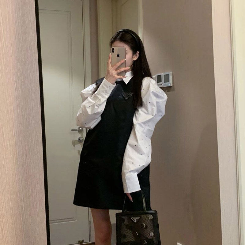 Internet celebrity same style  spring Korean style college style lapel shirt + sleeveless vest dress two-piece suit for women