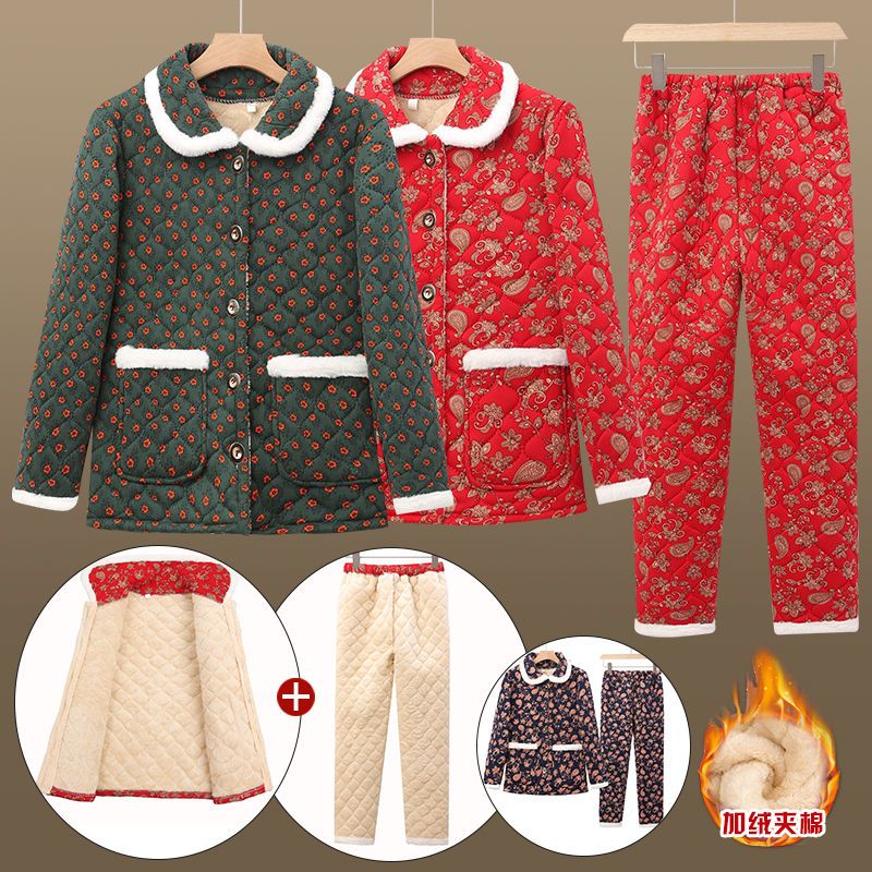 老太太冬天加絨棉襖兩件套奶奶睡衣三層加厚媽媽家居服老年人外套