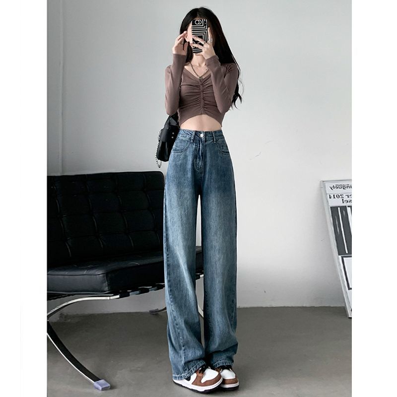 Hong Kong style retro distressed wide-leg jeans for women in spring and autumn new style hot girls high-waisted loose slimming straight pants