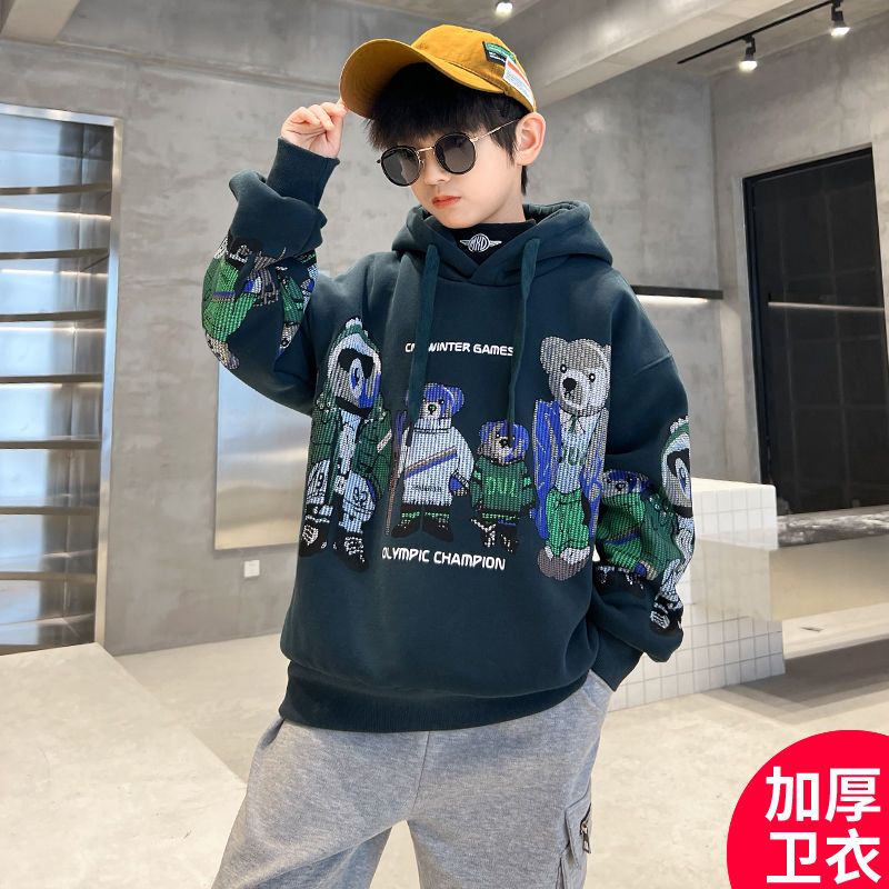 Boys fleece and thickened sweater 2022 autumn and winter new foreign style medium and large children's hooded one-piece fleece winter jacket trendy