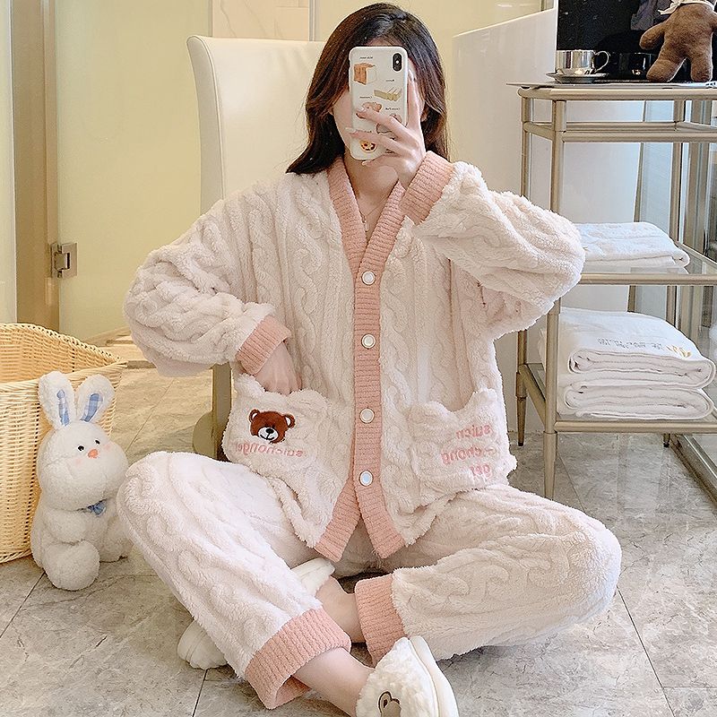 Coral fleece pajamas women's autumn and winter long-sleeved 2022 new style plus velvet thick flannel advanced sense home service suit