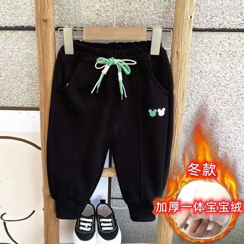 Children's pants spring and autumn outerwear boys and girls winter all-in-one fleece thickened sweatpants baby middle and small children's sports pants