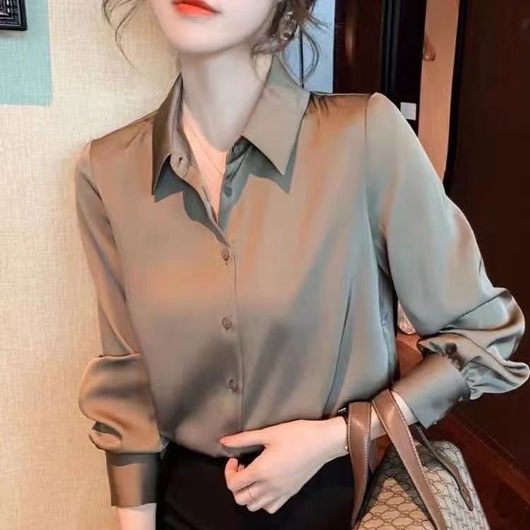 高端洋氣綢緞襯衫女長袖2023新款春秋穿搭上衣設計感百搭職業襯衣