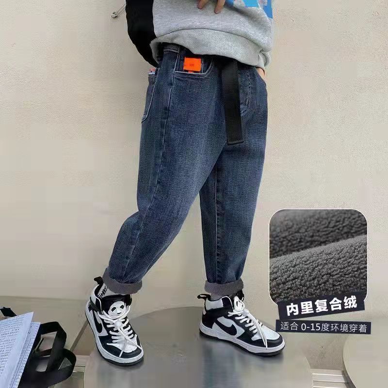 Children's clothing boys fleece jeans autumn and winter 2022 new style middle and big children's trendy pants fashion children's trousers tide