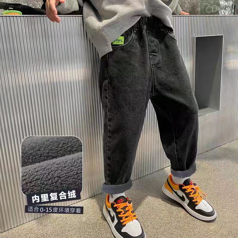 Children's fleece jeans autumn and winter style  new boys' casual foreign style Korean version of the big children's loose trousers trend