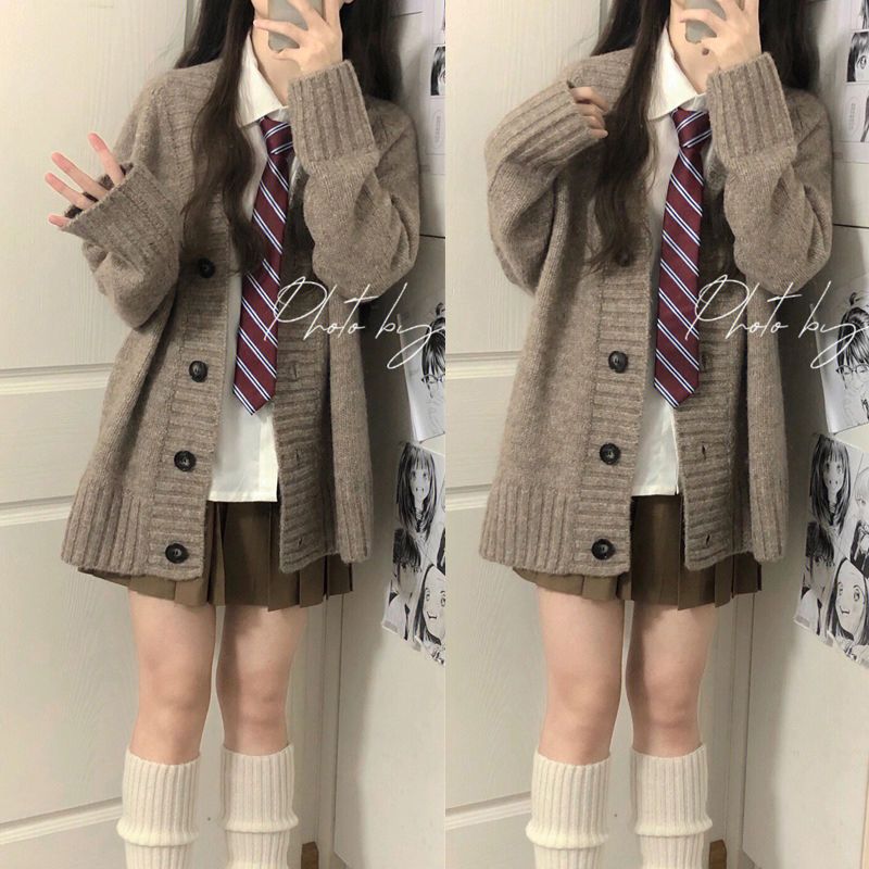 【三件套裝】春秋學院風復古針織開衫外套女韓系襯衫高腰百褶裙潮