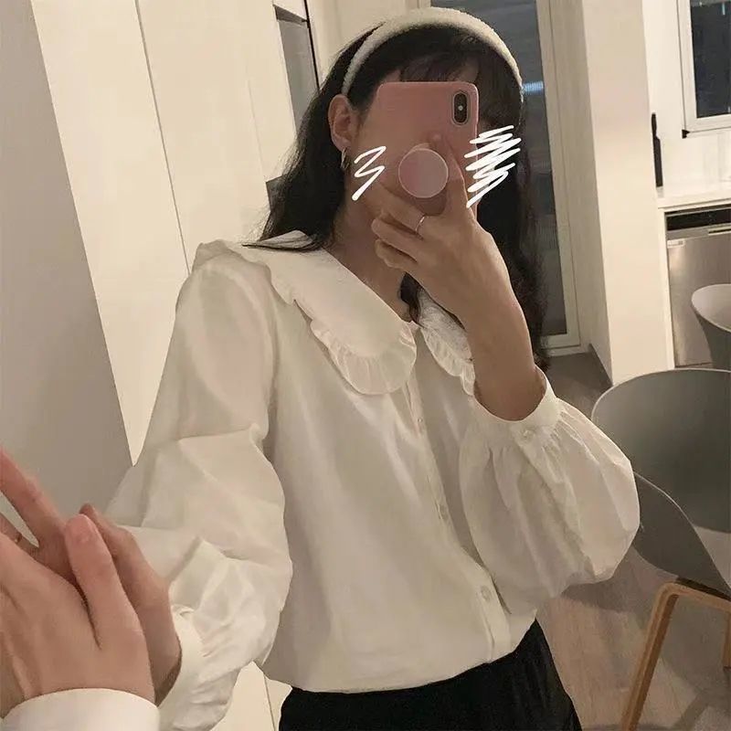 秋冬新款法式復古娃娃領白色襯衫女設計感小眾長袖寬鬆打底襯衣女
