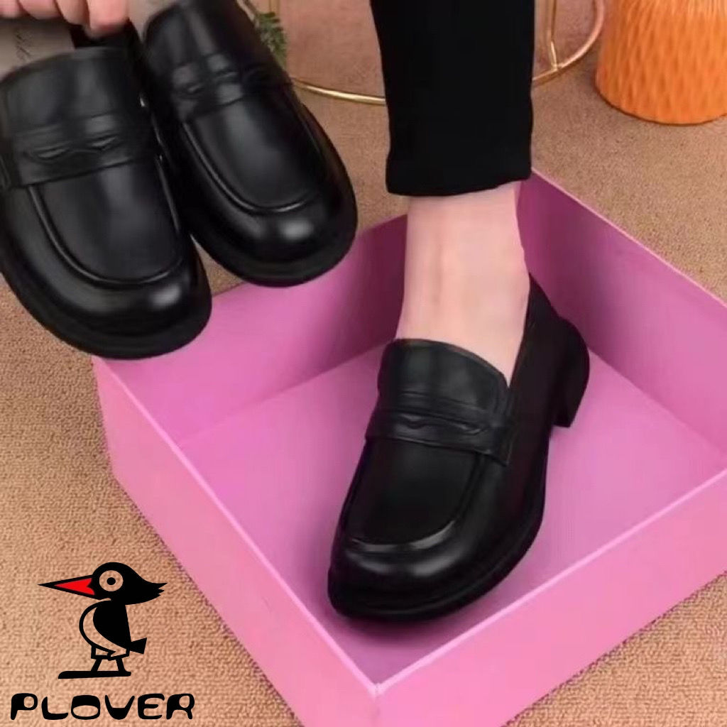 PLOVER啄木鳥真皮豆豆鞋女軟底小皮鞋一腳蹬懶人樂福鞋黑休閒單鞋