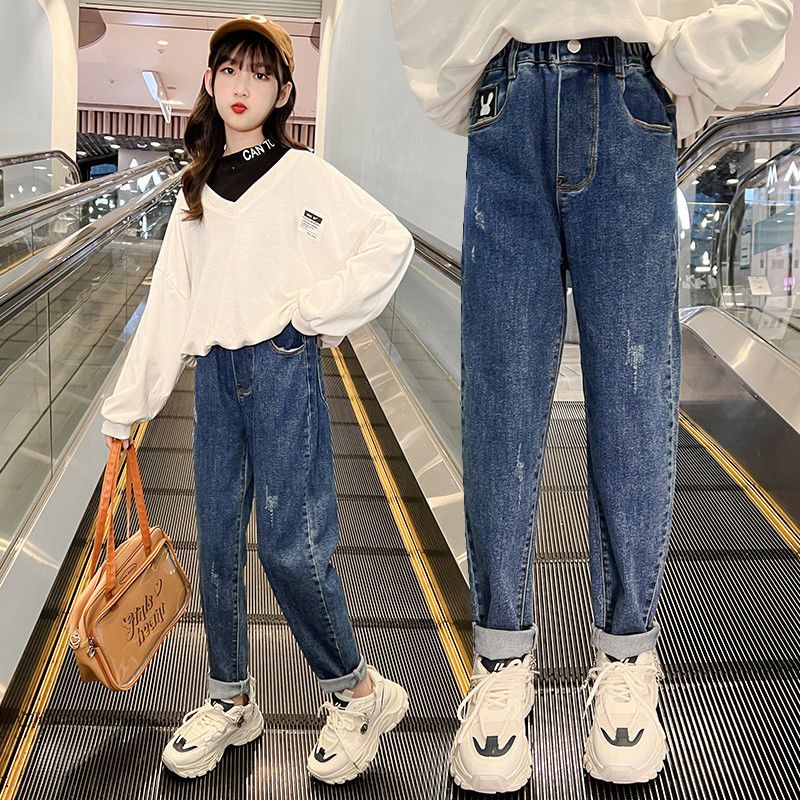 女童牛仔褲秋冬款加絨老爹褲兒童洋氣加厚彈力褲子女孩百搭蘿蔔褲
