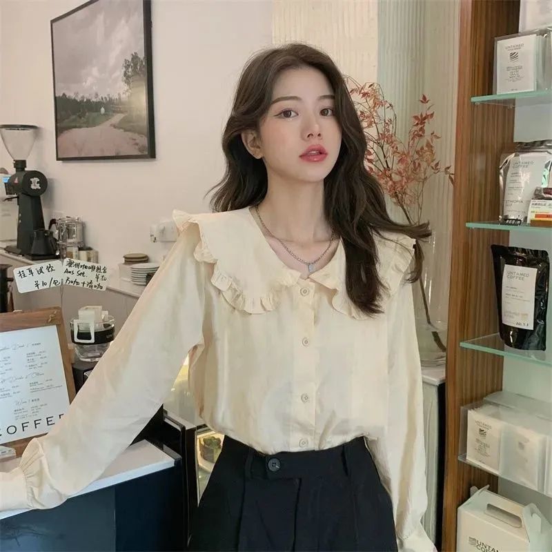 2021秋季新款韓版寬鬆法式小眾設計感小眾娃娃領襯衫上衣女百搭