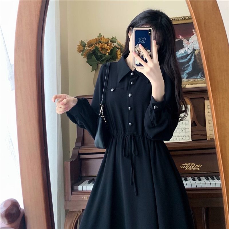Large size fake two-piece long-sleeved shirt dress for women spring and autumn new French retro waist slimming mid-length skirt