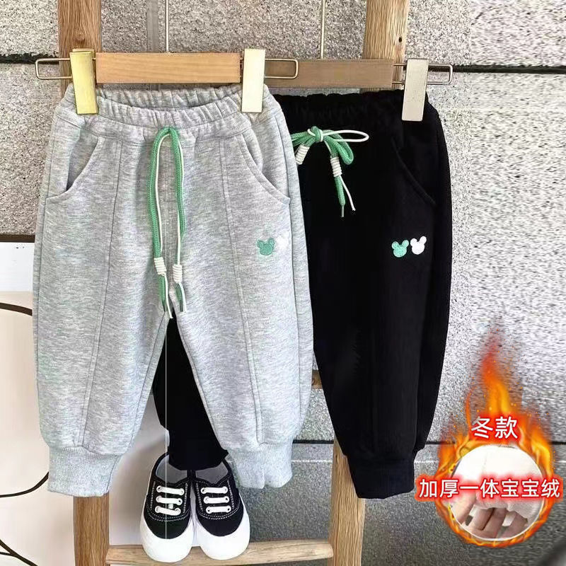 Children's pants spring and autumn outerwear boys and girls winter all-in-one fleece thickened sweatpants baby middle and small children's sports pants
