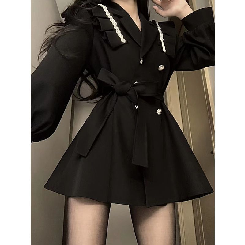 French temperament fashion suit dress autumn and winter new black waist strap double-breasted dress