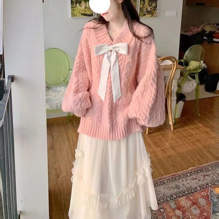 秋季套裝裙女韓版寬鬆慵懶溫柔風針織毛衣+超仙半身裙時尚兩件套