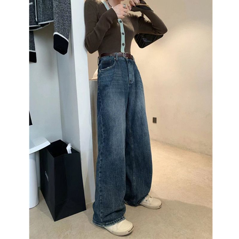 Design sense niche washed high waist wide-leg jeans women's autumn and winter new Korean version loose slim straight long pants