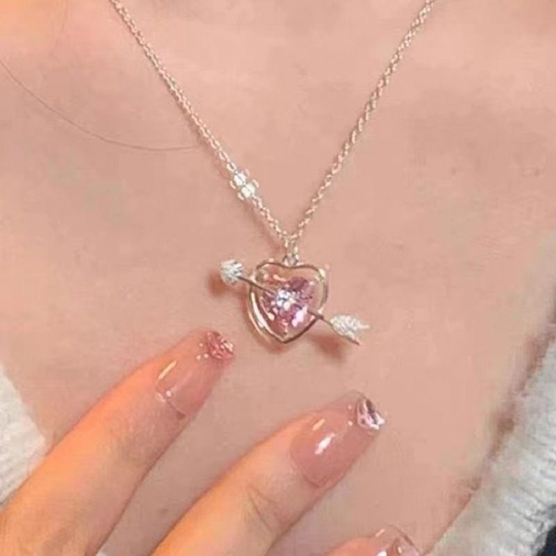 Sweet Pink Diamond Cupid Love Necklace Ins Student Female Arrow Piercing Heart Pendant Girlfriend Chain Clavicle Chain