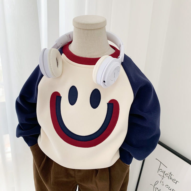 Boys' sweatshirt, one-piece velvet children's clothing, new winter style, Korean style, smiling face, velvet top, children's bottoming shirt, trendy for small and medium-sized children