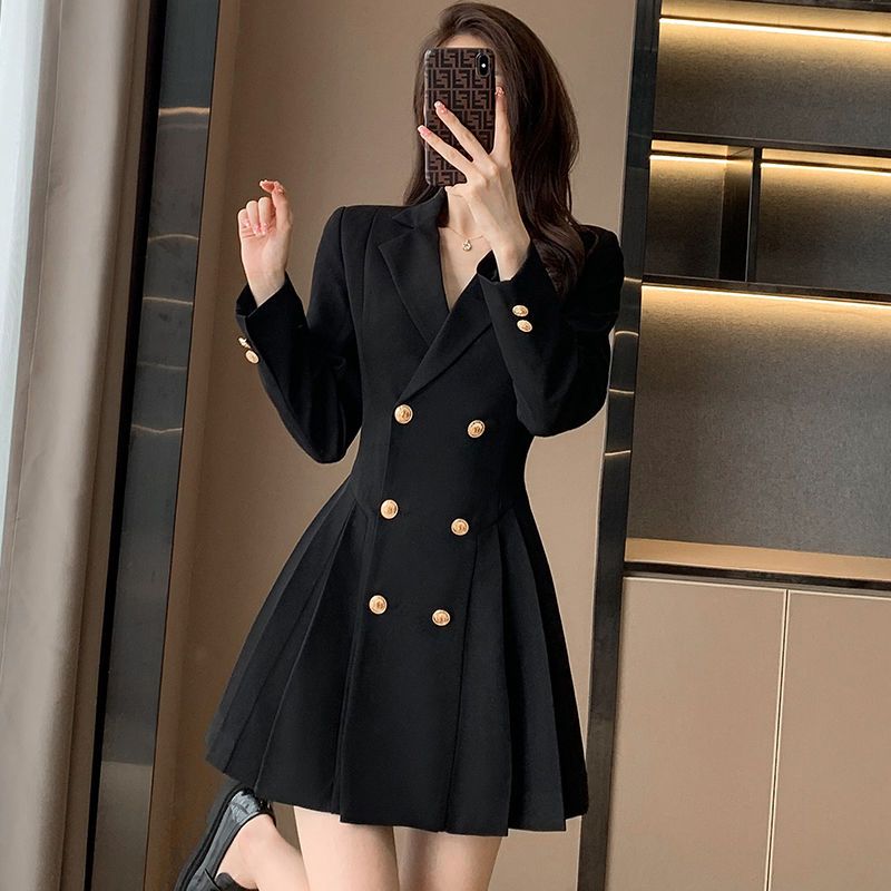 Black suit dress women's long-sleeved spring and autumn new mid-length double-breasted suit casual commuting professional skirt