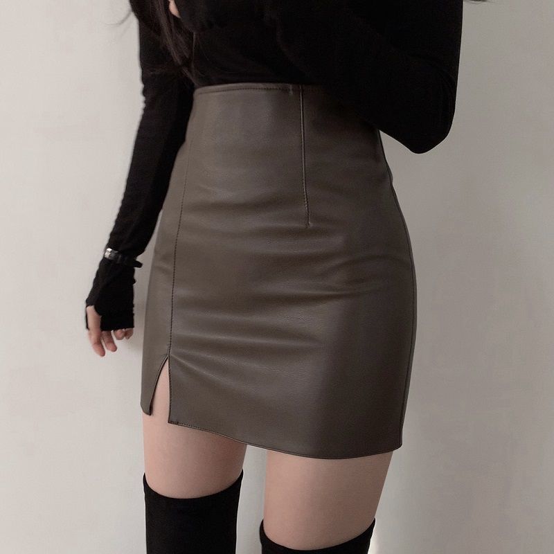 Black slit small leather skirt skirt new tight slimming high waist hip one step skirt PU leather short skirt for women autumn and winter