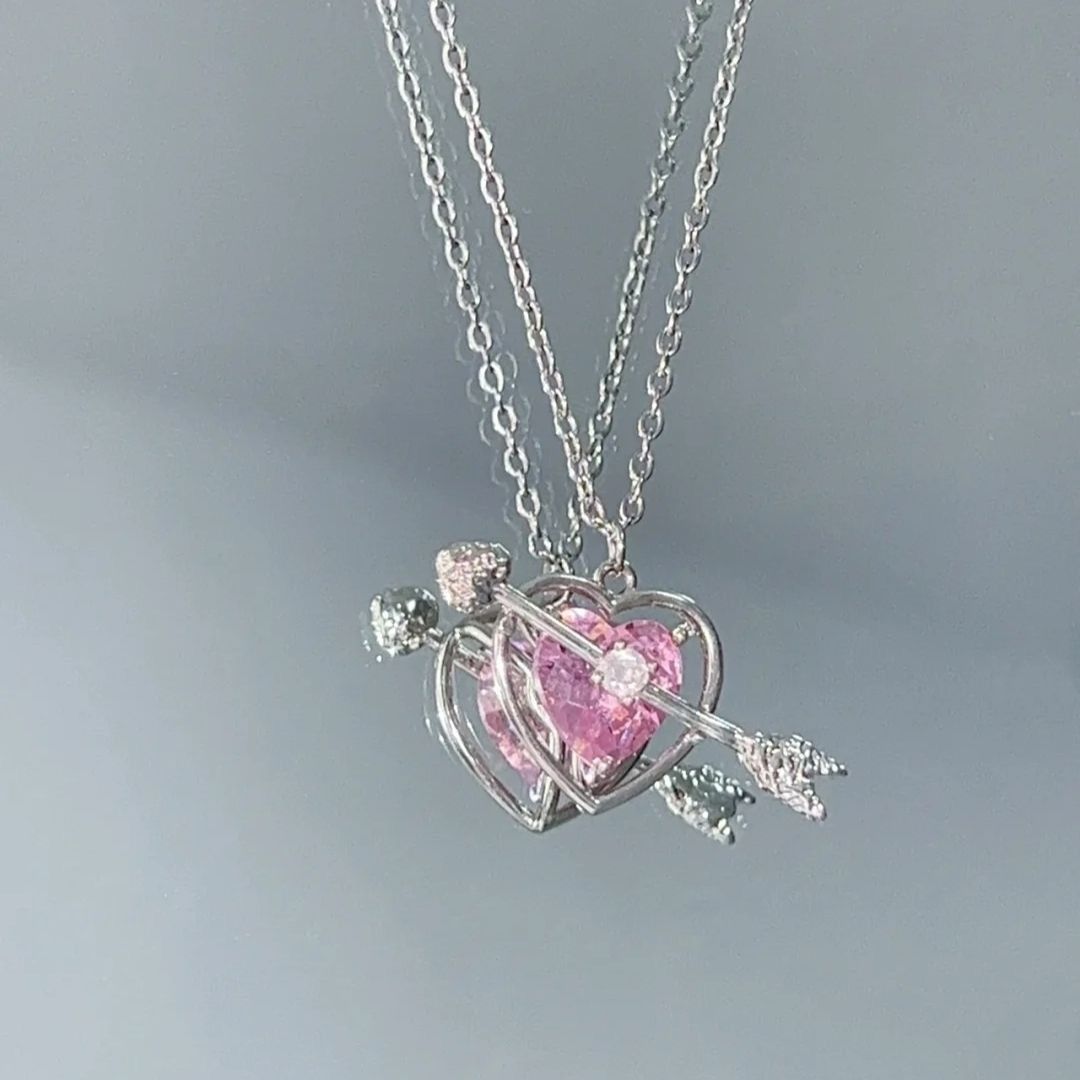 Sweet Pink Diamond Cupid Love Necklace Ins Student Female Arrow Piercing Heart Pendant Girlfriend Chain Clavicle Chain