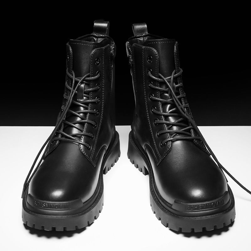 冬季马丁靴黑色高帮潮鞋英伦风机车工装皮靴增高中帮皮鞋加绒棉鞋