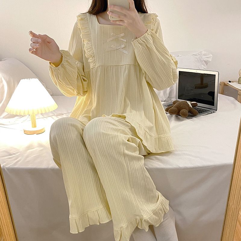 Korean version of pajamas women's autumn and winter sweet and cute lotus leaf edge puff sleeve students large size can be worn outside home service suit