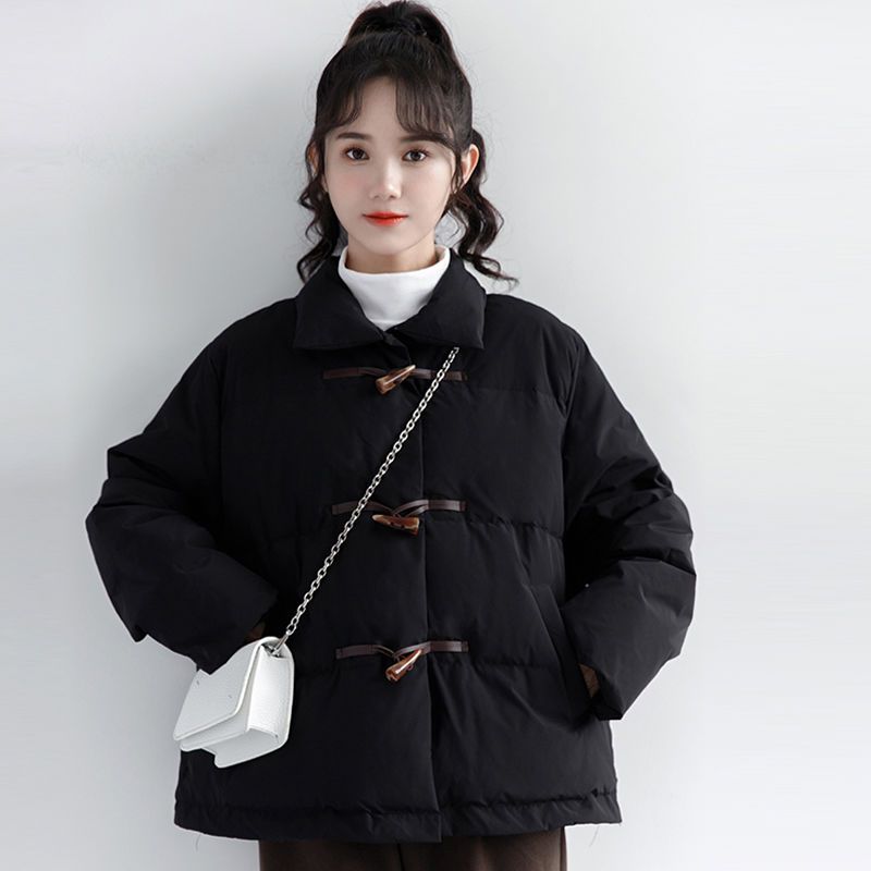 2022冬季新款學院風黑色牛角扣羽絨服女冬短款時尚洋氣輕薄款外套