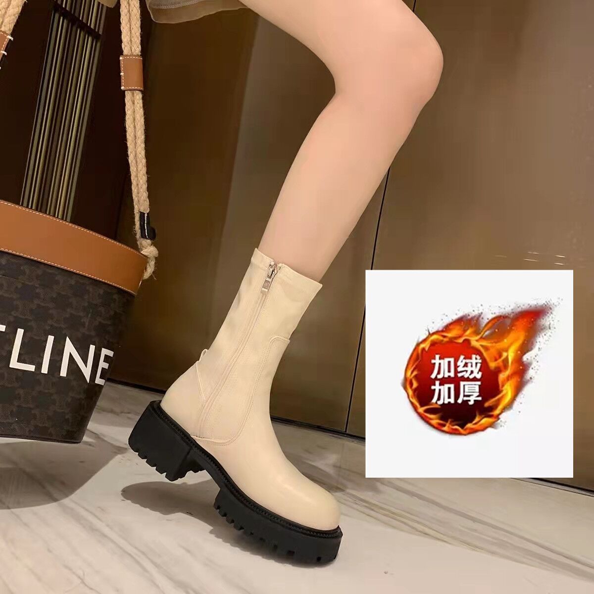 2022 new autumn and winter Korean version versatile high boots side zipper slim boots no more than knee mid-calf boots plus velvet short boots