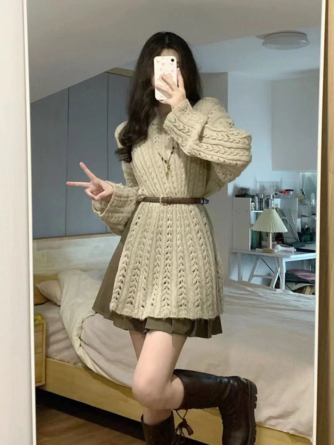 兩件套裝小眾氣質名媛設計感開衫鏤空針織衫毛衣女搭配高腰百褶裙