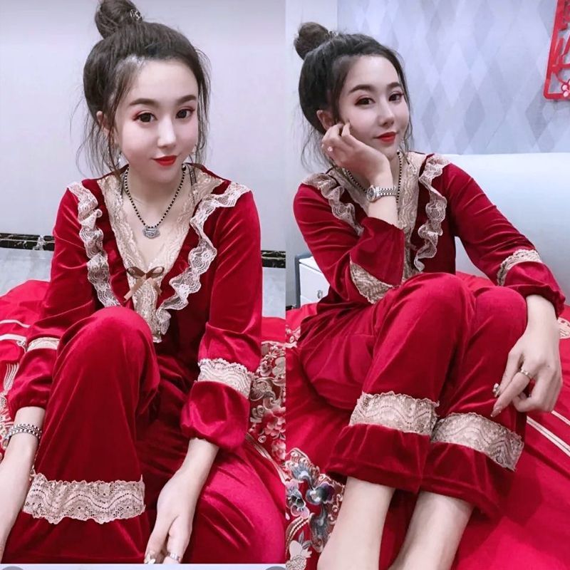 Pajamas women's autumn and winter suit gold velvet material loose and comfortable Korean style can be worn outside fashion sexy v-neck net red hot style