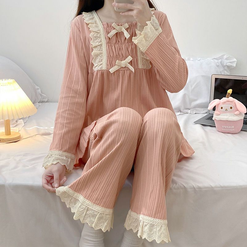 Korean version of pajamas women's autumn and winter sweet and cute lotus leaf edge puff sleeve students large size can be worn outside home service suit