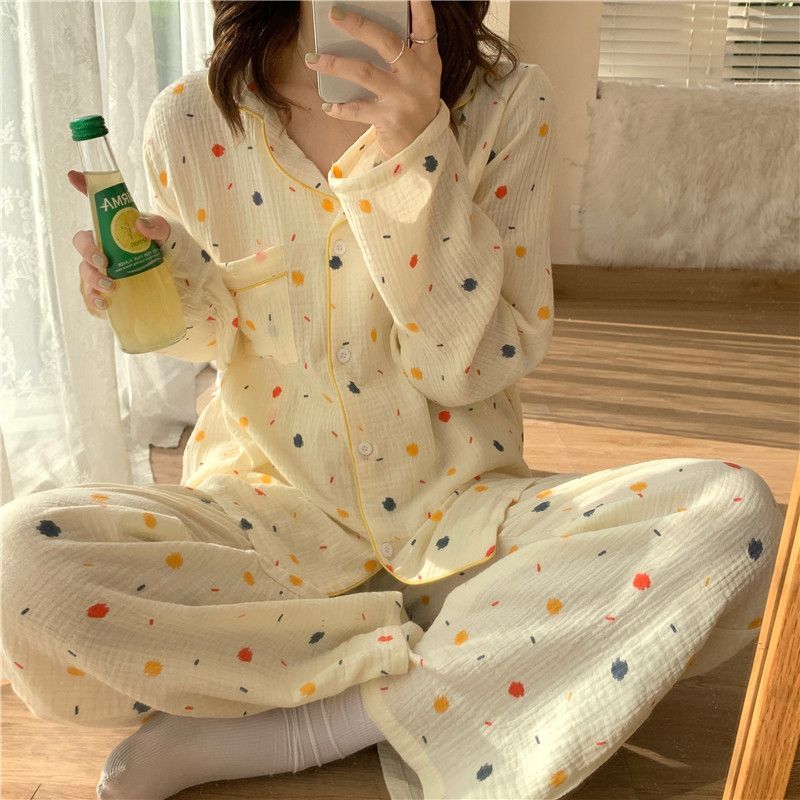Japanese ins storm point pajamas female spring and autumn new long-sleeved cardigan student autumn and winter sweet home service suit