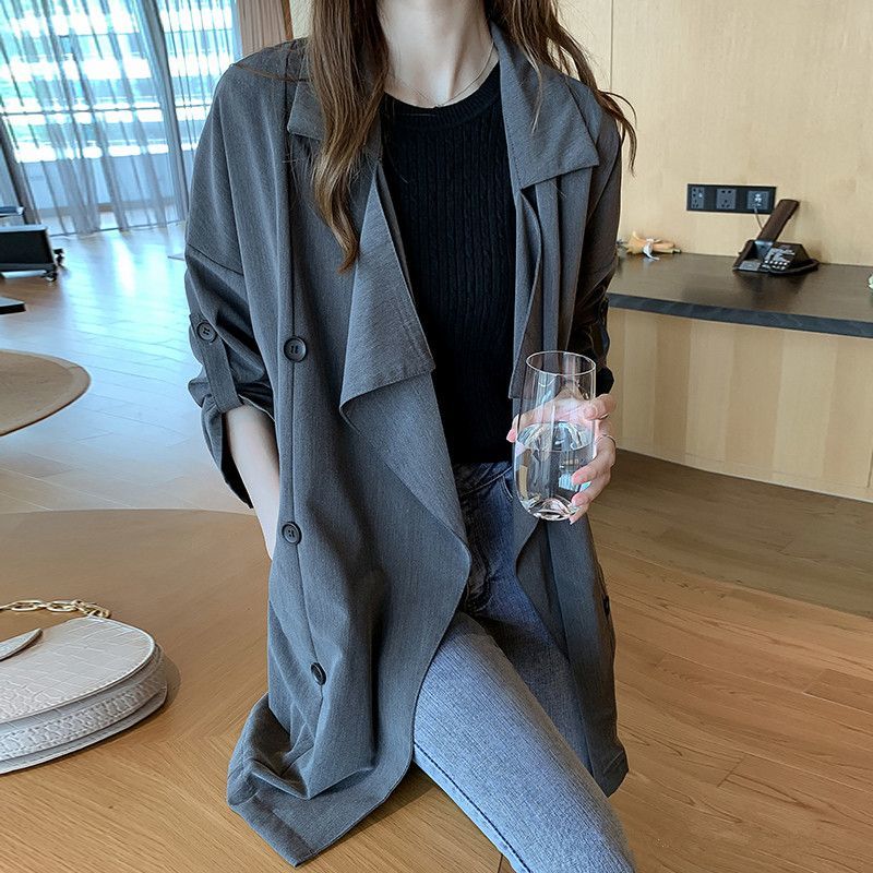Women's plus size windbreaker spring and autumn new European and American style suit collar coat mid-length bat sleeves versatile coat for commuting