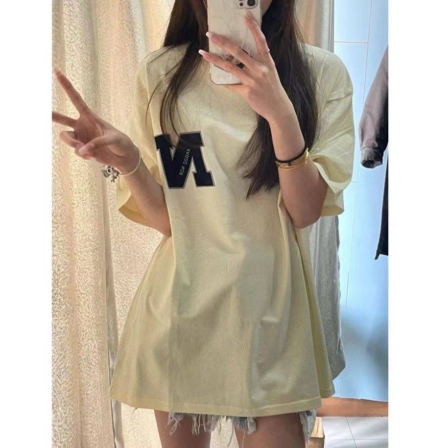 100%純棉奶杏色地球字母印花新款情侶短袖T恤女夏小眾設計感上衣
