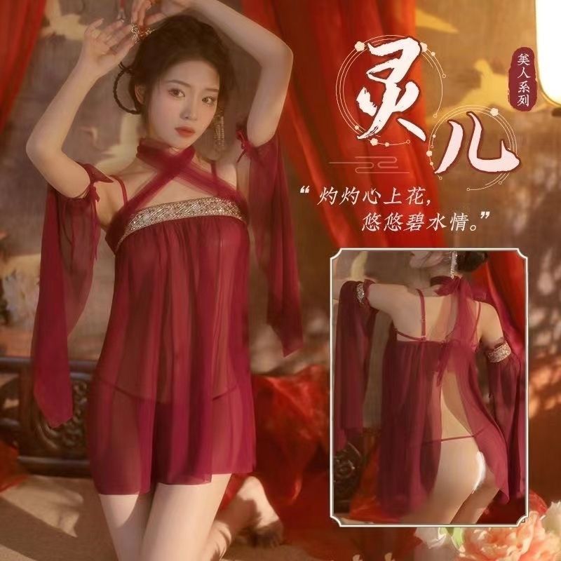 New style ancient costume large size Hanfu temptation suit pajamas female sense ancient apron uniform chiffon yarn transparent nightdress