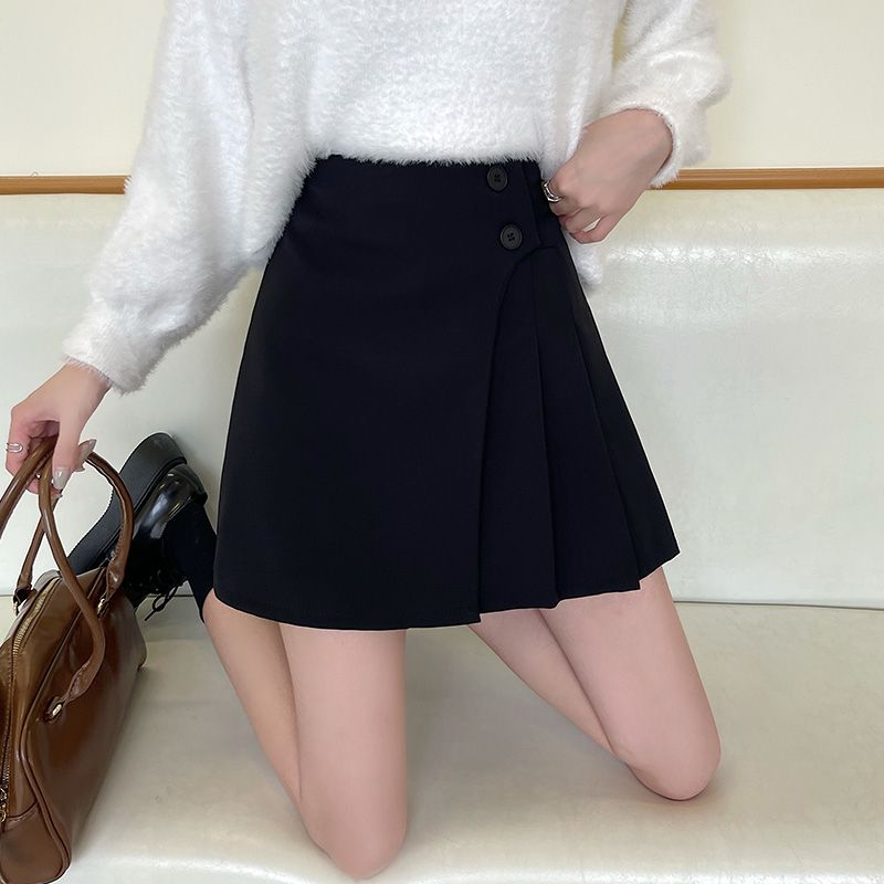 Black Asymmetric Pleated Skirt High Waist Slim A-line Half length Skirt  Spring New Short Skirt Wrapped Hip Skirt Children