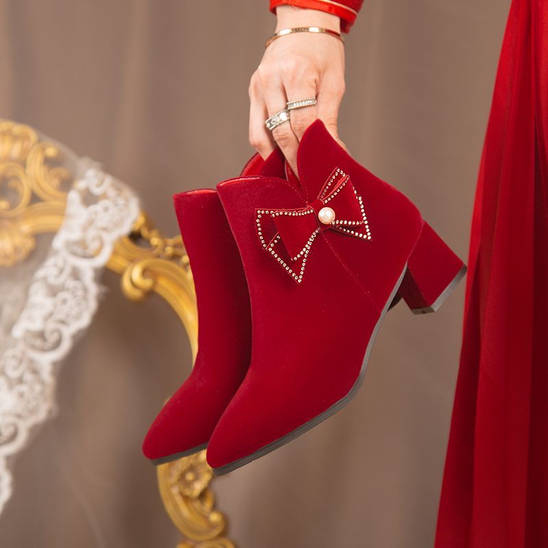 秀禾服新娘结婚鞋女粗跟高跟短靴2023年秋冬新款加绒红靴棉靴婚靴