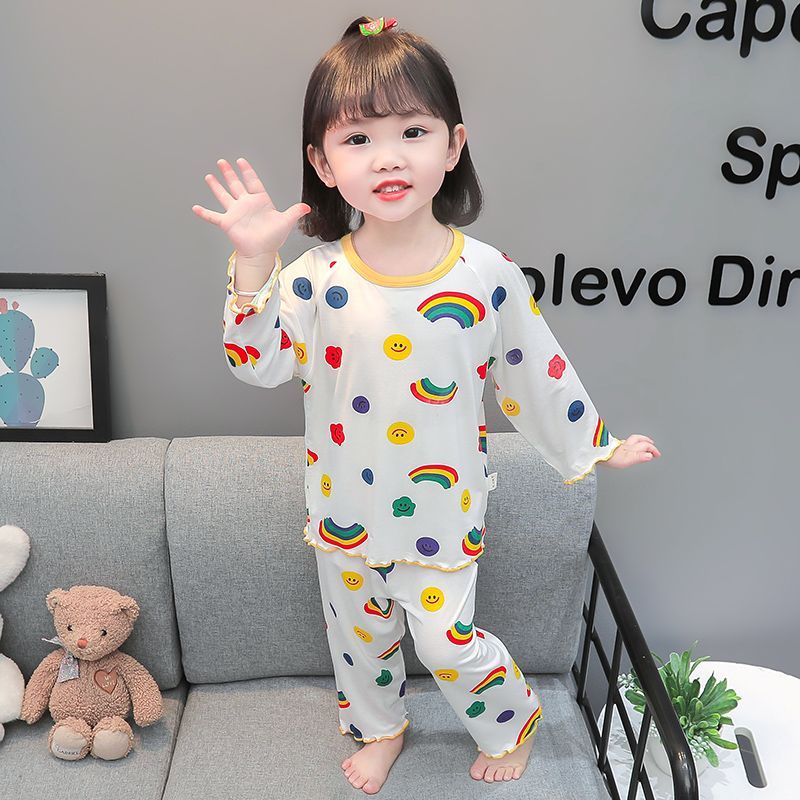 Modal pajamas girls spring and autumn new children's home suit baby cotton long-sleeved high waist rainbow air-conditioned clothes