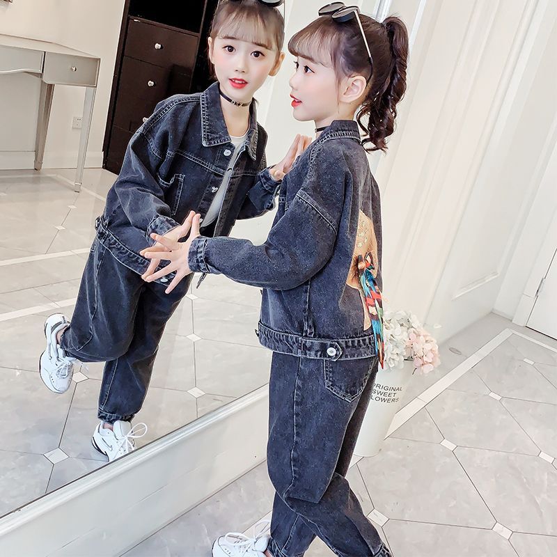 女童春裝套裝2023新款洋氣兒童春秋套裝中大童女孩時尚牛仔兩件潮