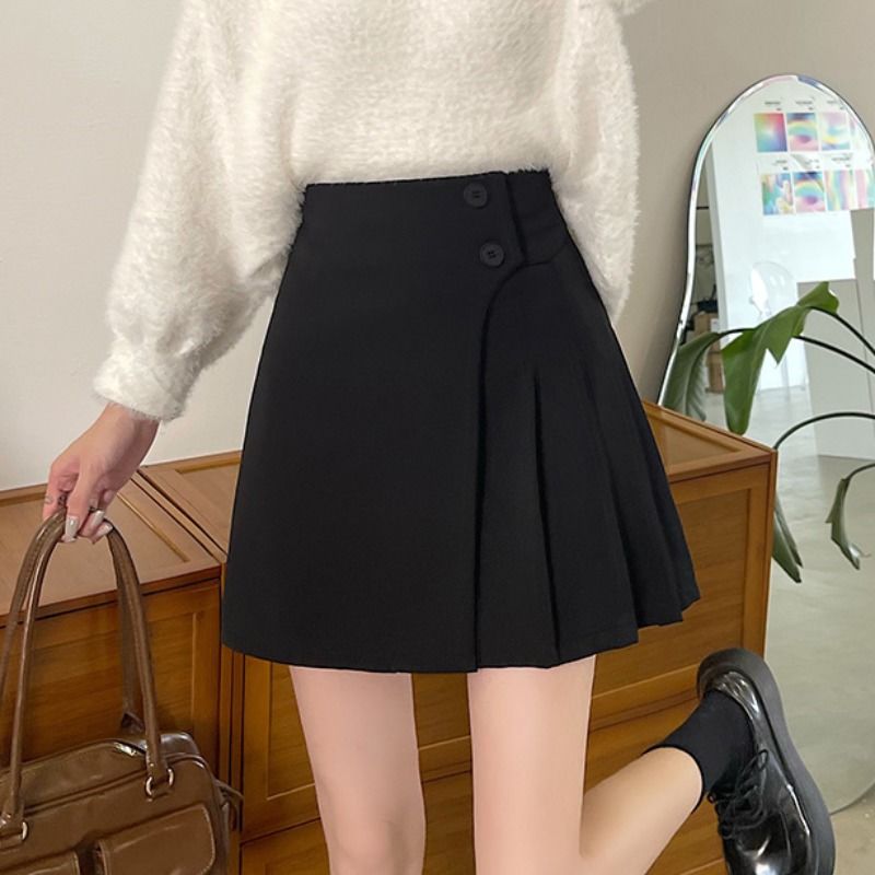 Black Asymmetric Pleated Skirt High Waist Slim A-line Half length Skirt  Spring New Short Skirt Wrapped Hip Skirt Children