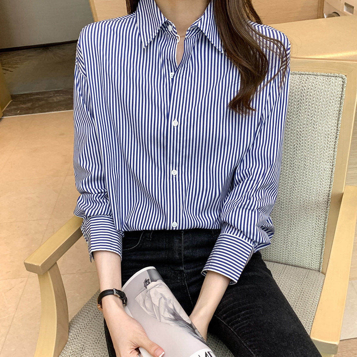 豎條紋襯衫女春秋季新款日系百搭長袖打底衫通勤POLO領襯衣上衣潮