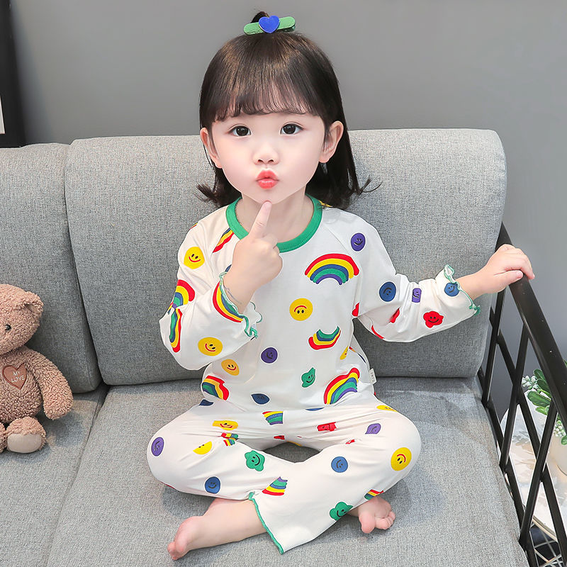 Modal pajamas girls spring and autumn new children's home suit baby cotton long-sleeved high waist rainbow air-conditioned clothes