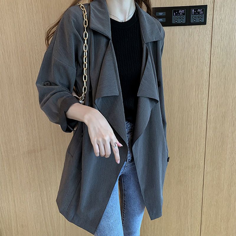 Women's plus size windbreaker spring and autumn new European and American style suit collar coat mid-length bat sleeves versatile coat for commuting
