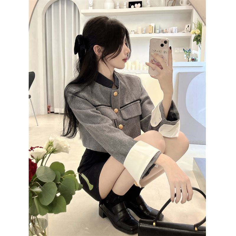 撞色小香風外套女裝2023秋季新款法式立領短款氣質高級感開衫上衣