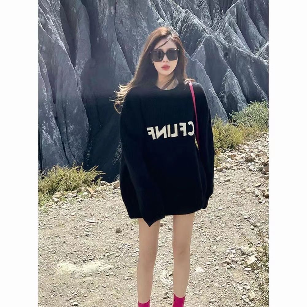 秋冬季高級感美式復古慵懶風黑色圓領衛衣女小個子百搭長袖上衣